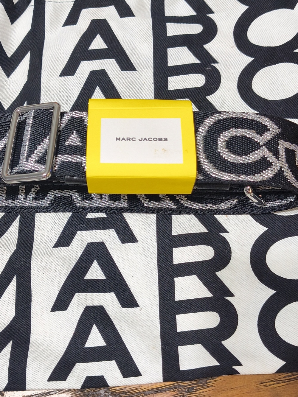 Marc Jacobs Black and Silver thin Webbing  Logo Jacquard Strap with Hardware